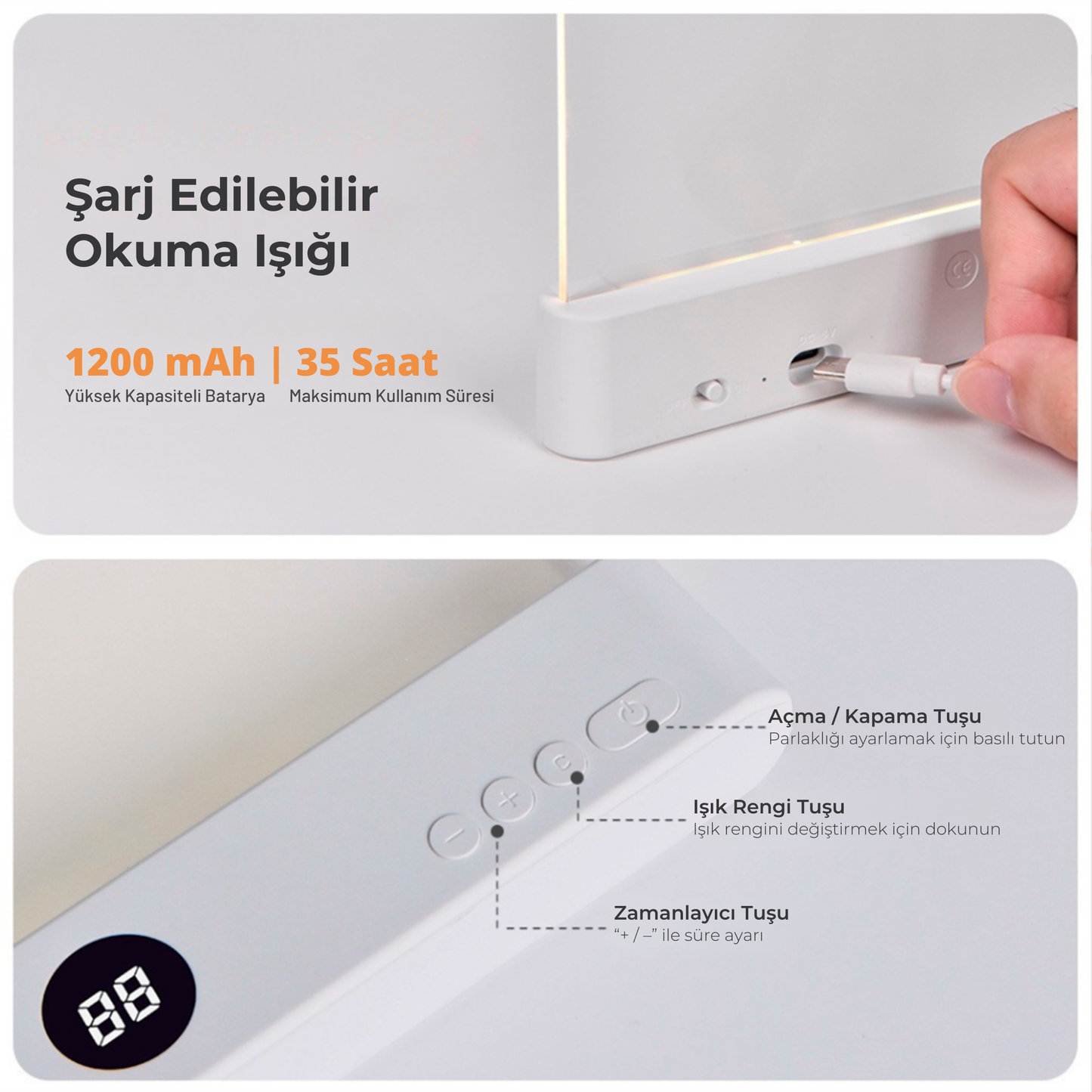 Şarjlı - Ayarlanabilir Işıklı Kitap Ayracı